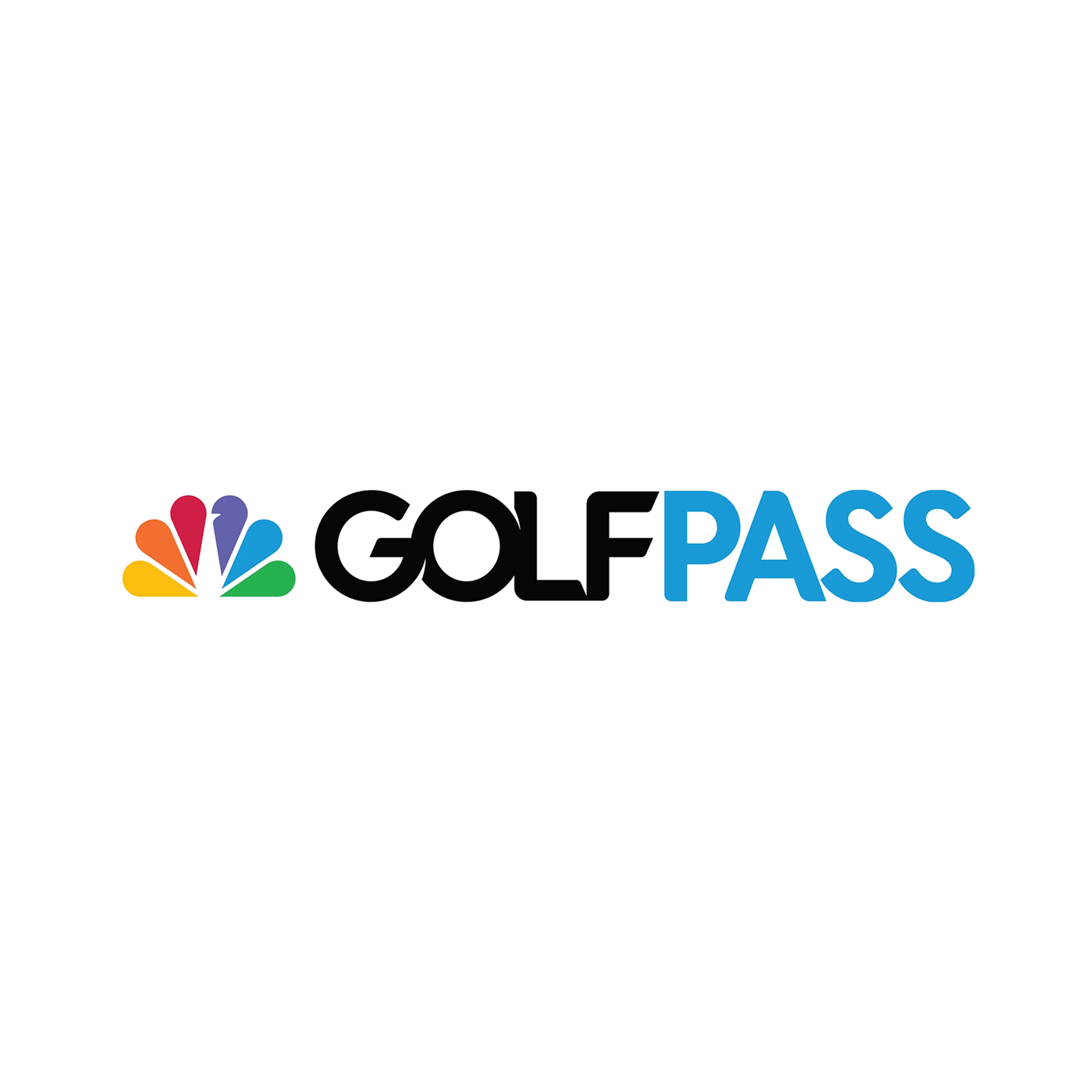 GolfPass logo with a colorful peacock feather mark, "GOLF" in black and "PASS" in blue.