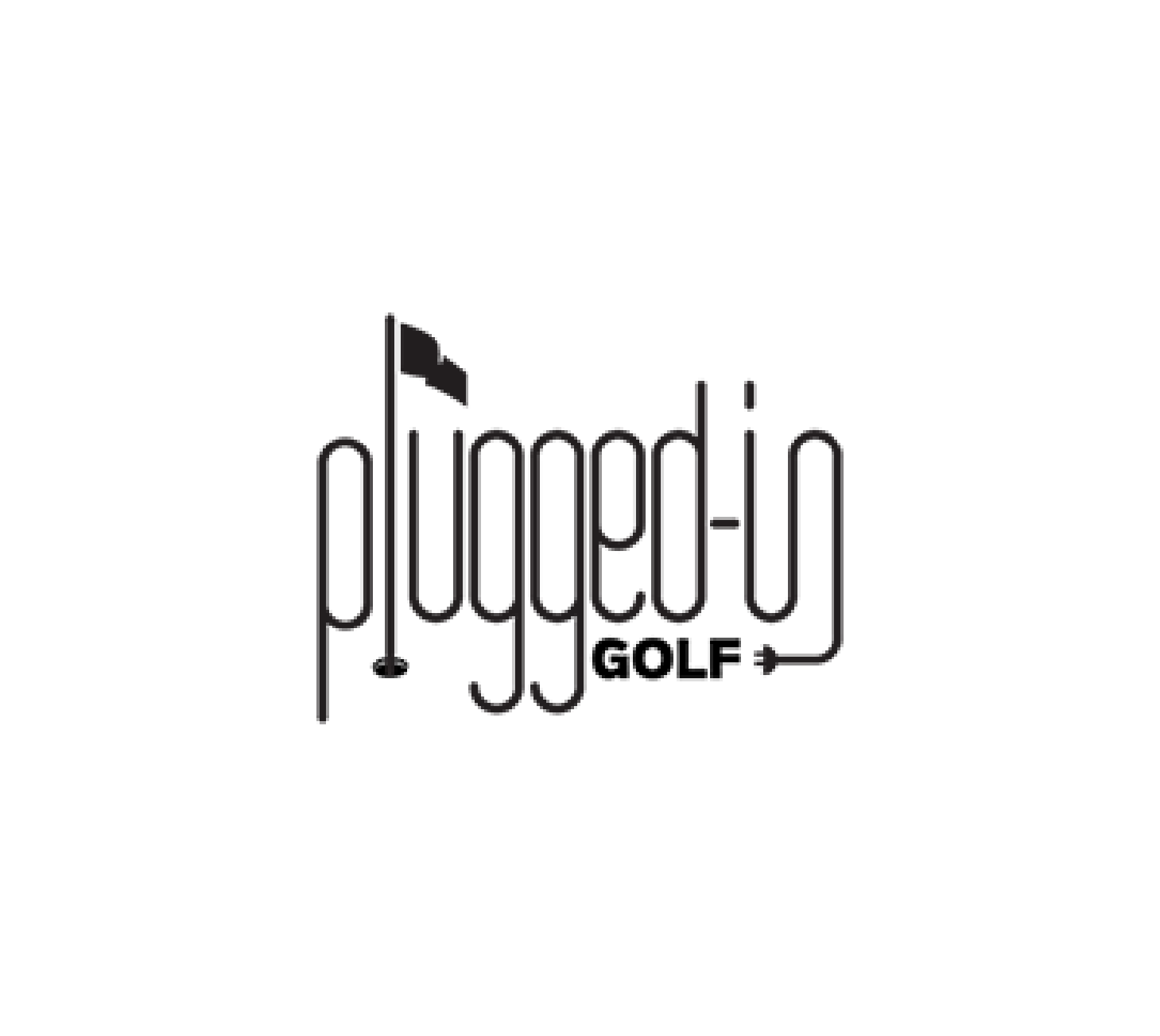 Plugged-in Golf logo with looping wire lettering, a flag on the first letter and a plug at the end of "GOLF".