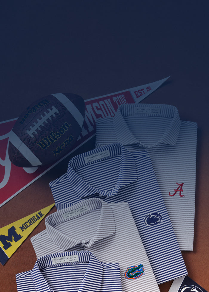 Striped polos embroidered with Alabama, Penn State and Florida logos, with a Wilson football and Michigan and other college pennants.