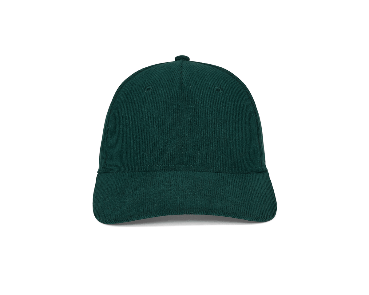 Front view of The Corduroy Hat: Cypress, a plain dark green six-panel cap with fine-wale corduroy, stitched eyelets, and a curved brim.