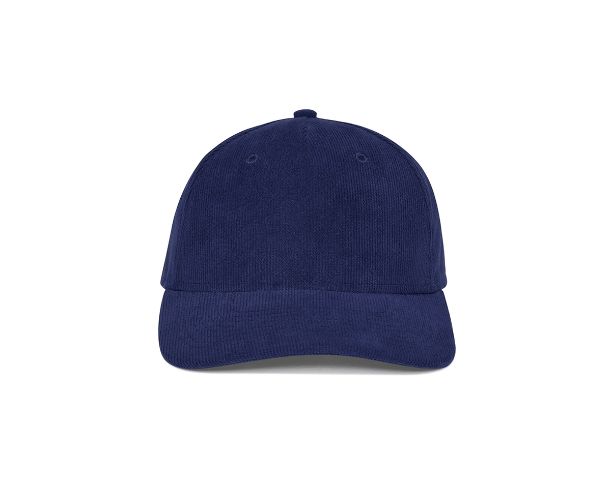 Front view of The Corduroy Hat: Navy, showing the structured six-panel crown, fine corduroy texture, stitched eyelets, and curved brim.