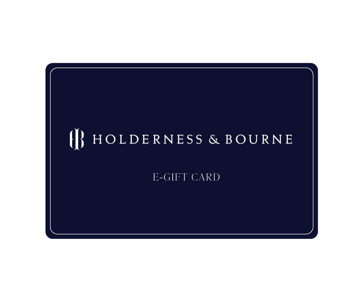 Holderness & Bourne E-Gift Card mock-up featuring the “HB” logo and brand name, highlighting its email delivery and personalized message options.