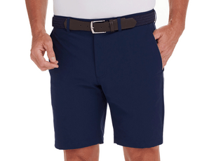The Harwood Short: Navy, featuring a dark braided belt and knee-length design, showcases a non-slip waistband and ball-marker pocket for golf enthusiasts.