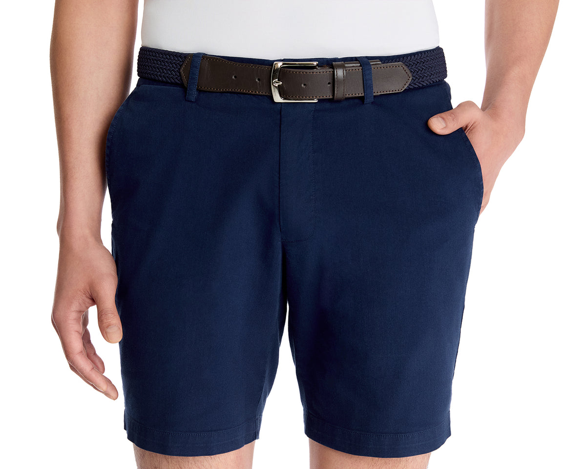 The Cameron Short: Navy features a woven leather belt, garment-washed cotton-blend fabric, and 9 inseam, offering comfort and subtle style.