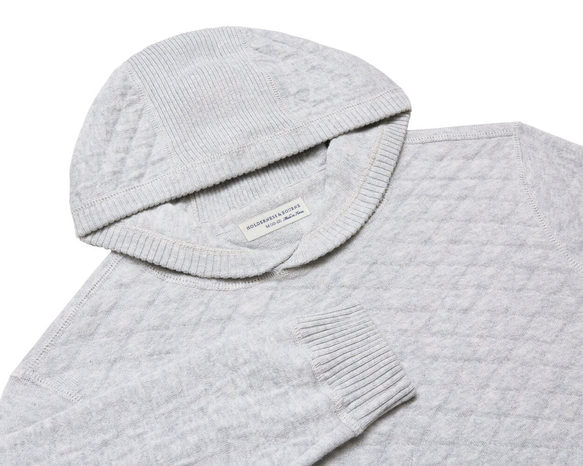 The Wallace Boys Hoodie Sweater: Heathered Gray, featuring a textured knit with ribbed cuff, hood, and jacquard pattern, crafted from soft Egyptian cotton.