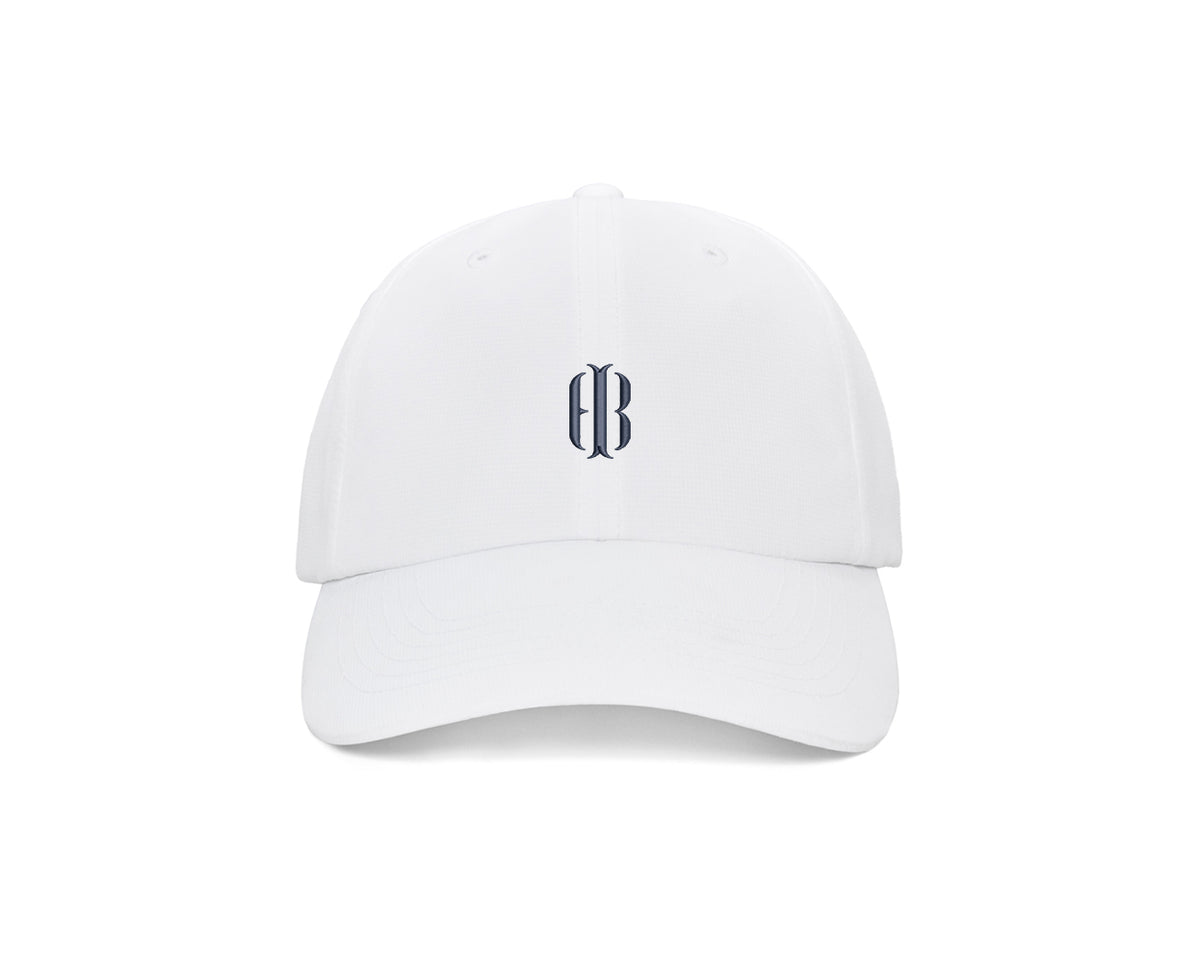 The Lightweight Performance Hat: White with HB Icon, featuring a gothic-style logo, adjustable closure, and UPF 50+ protection, perfect for outdoor activities.