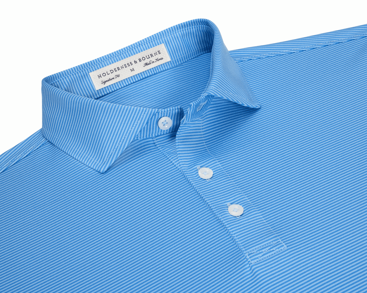 The Perkins Shirt: Horizon Blue & Vista Blue, featuring fine stripes, a classic collar, three-button placket, and signature fit, laid flat.