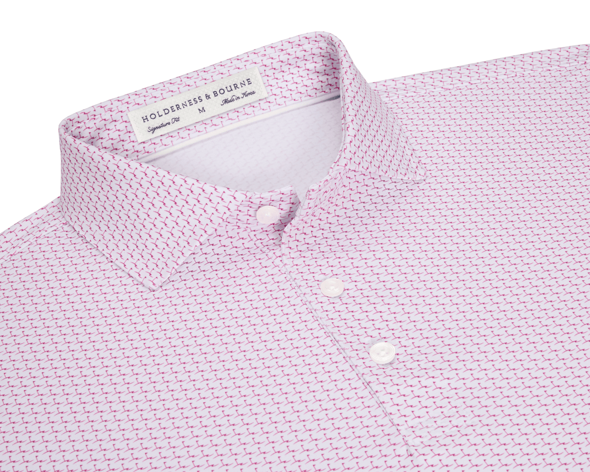 The Atwood Shirt: Cabernet features a white base with pink micro-print, white buttons, and a structured spread collar, showcasing Holderness & Bourne's signature fit.