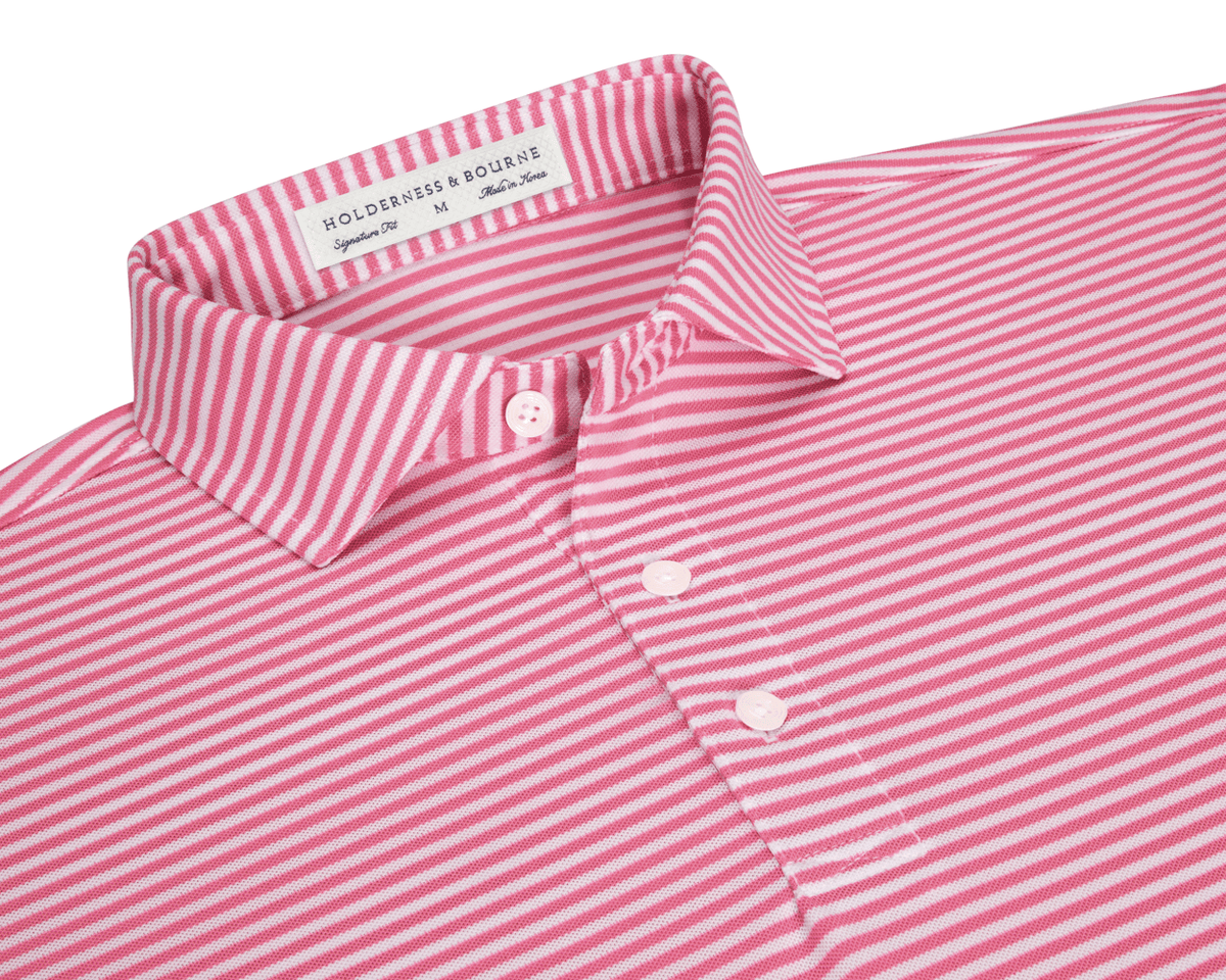 The Maxwell Shirt: Belmont & White, featuring a pink-and-white striped design, turn-down collar, and three-button placket, crafted for comfort and moisture wicking.