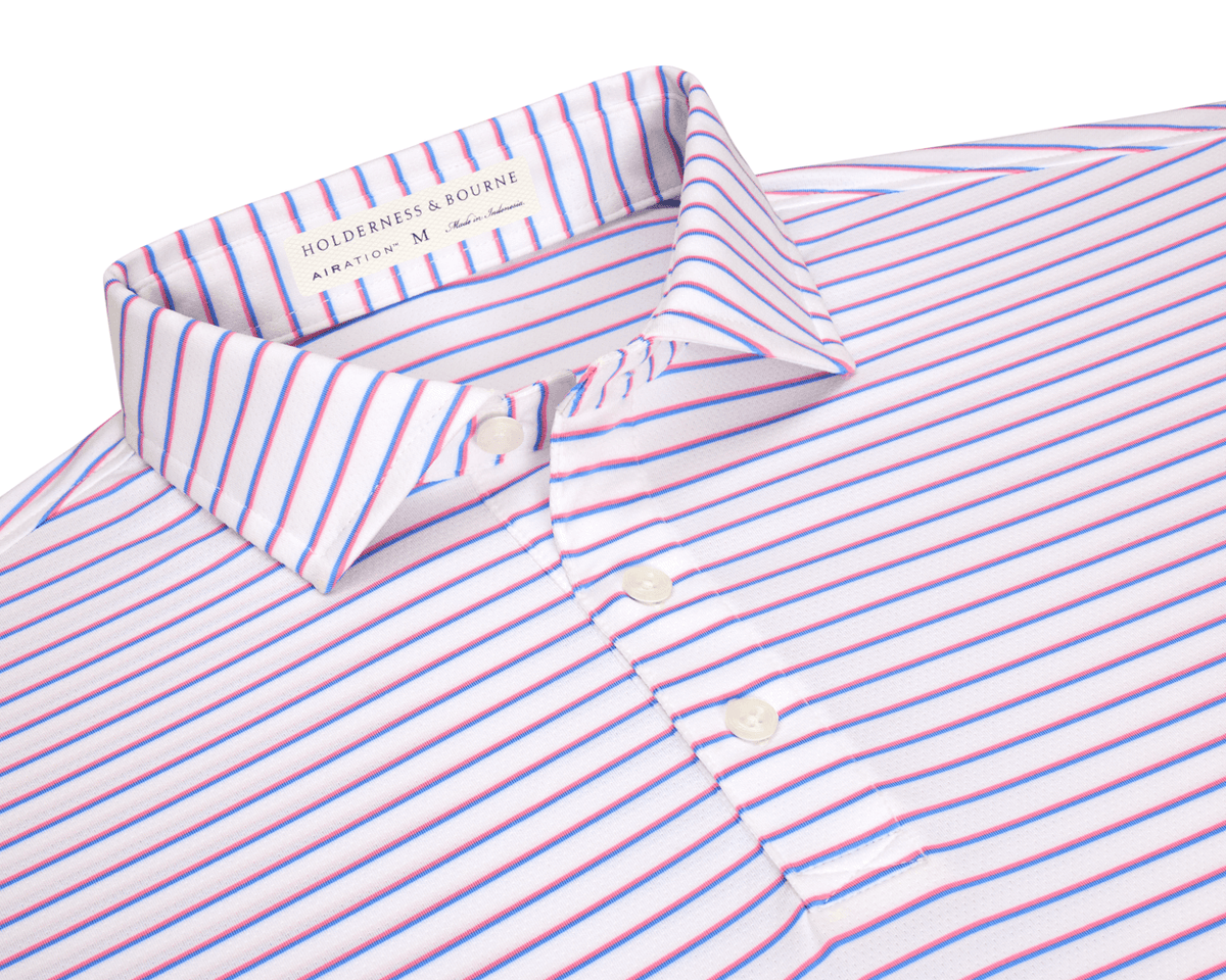 The Springer Shirt: White/Belmont/Horizon Blue, features a short-sleeve polo design with fine stripes, a structured collar, and a three-button placket, showcasing Holderness & Bourne’s signature style.