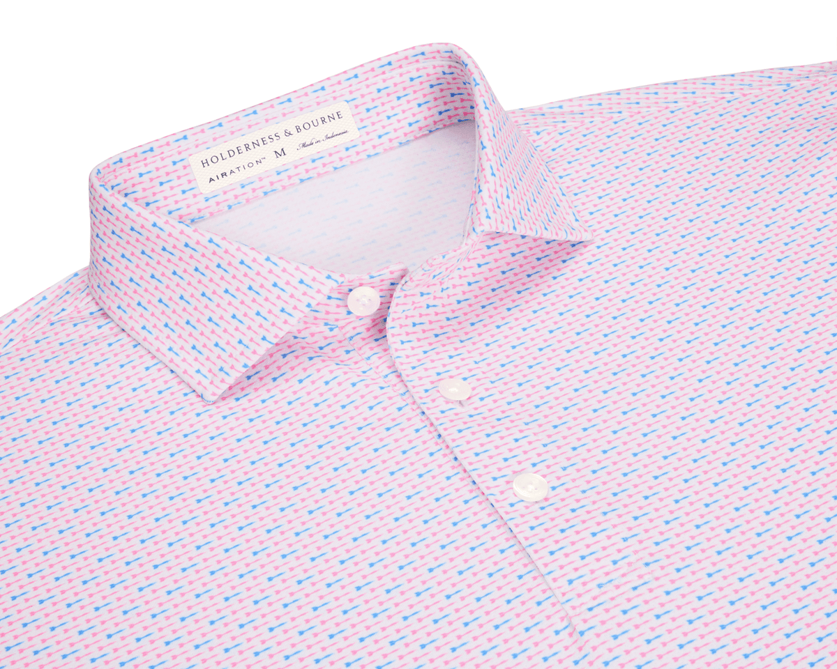 The Cadogan Shirt: Belmont & Horizon Blue, featuring a pink-and-blue dash pattern on white, with a structured collar and breathable AIRATION™ fabric for comfort and sun protection.