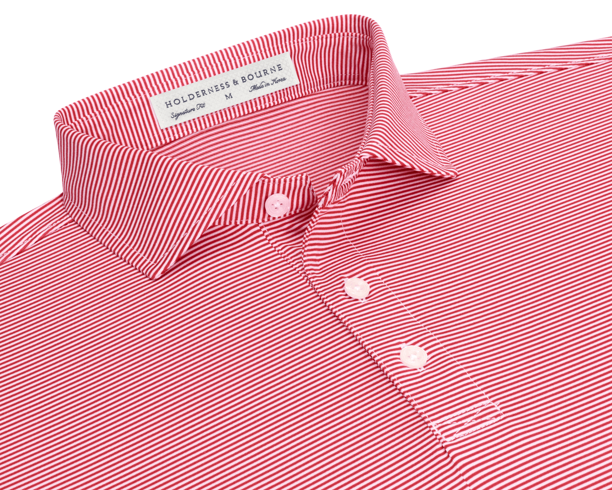 The Perkins Shirt: Liberty Red & White, featuring fine horizontal stripes, a classic collar, three-button placket, and white stitching, offers style and performance.