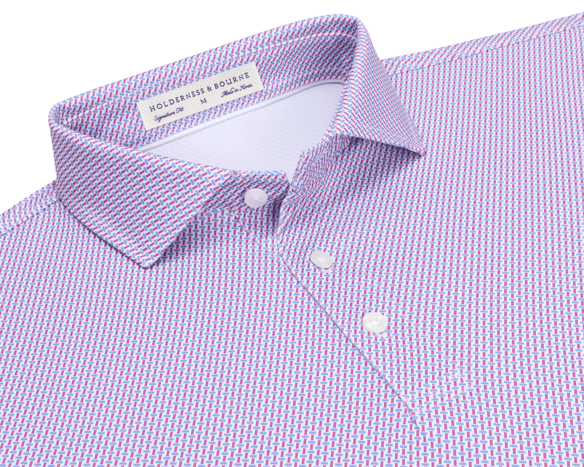 The Norman Shirt: Cabernet & Horizon Blue features a geometric pattern, button-down front, spread collar, and Holderness & Bourne label, made for comfort and performance.