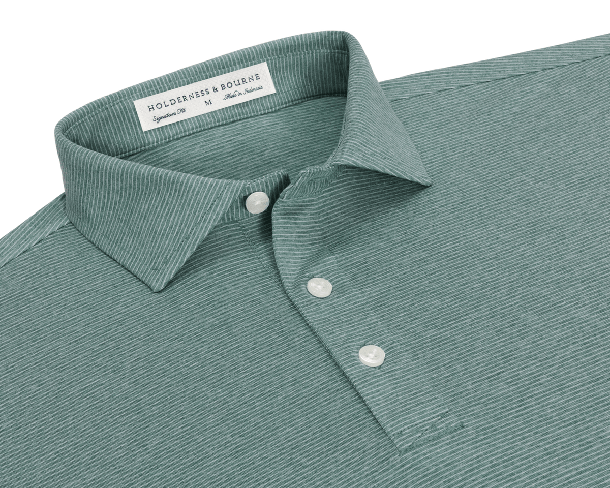 Collar and placket detail of The Holland Shirt: Heathered California Spruce, showing the fine heathered stripes, spread collar, three buttons, and Signature Fit label.