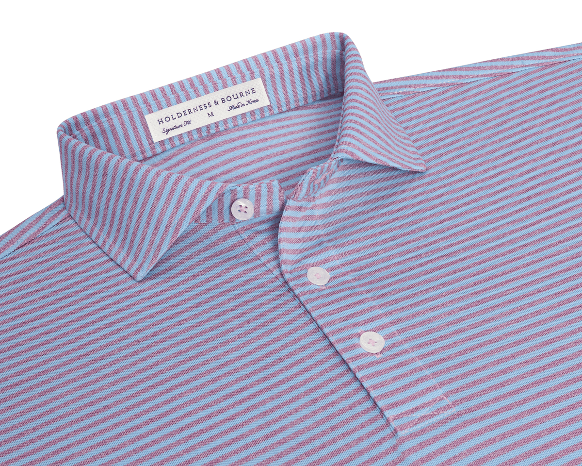 The Maxwell Shirt: Vista Blue & Heathered Faded Mauve flat-lay detail showing its light blue and mauve stripes, spread collar, and Signature Fit label.