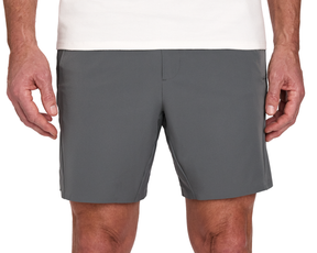 The Saunders Short: Iron Gray, shown on a person from waist to mid-thigh, features quick-drying fabric, side pockets, and a zip pocket.