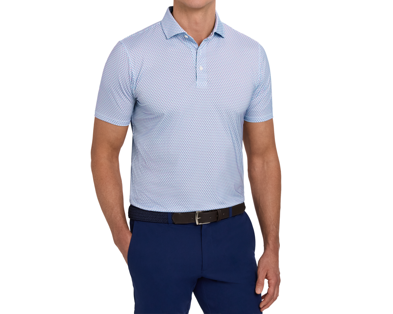 Model wearing The Justice Shirt: Napa & Pacific Blue, a short-sleeve polo in a light blue print, paired with navy pants and a dark belt.