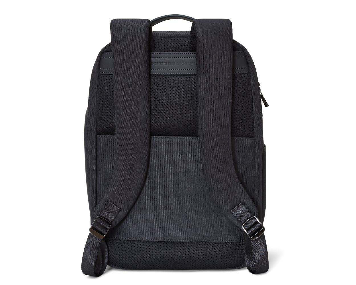 Back view of The Broughton Backpack: Dark Gray - Black Embroidery with padded shoulder straps, mesh back panel, leather-trimmed top handle, and buckle adjusters.