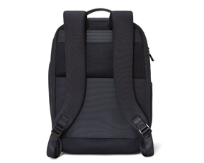 Back view of The Broughton Backpack: Dark Gray - Black Embroidery with padded shoulder straps, mesh back panel, leather-trimmed top handle, and buckle adjusters.