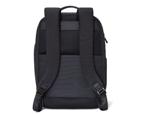 Back view of The Broughton Backpack: Dark Gray - Black Embroidery with padded shoulder straps, mesh back panel, leather-trimmed top handle, and buckle adjusters.
