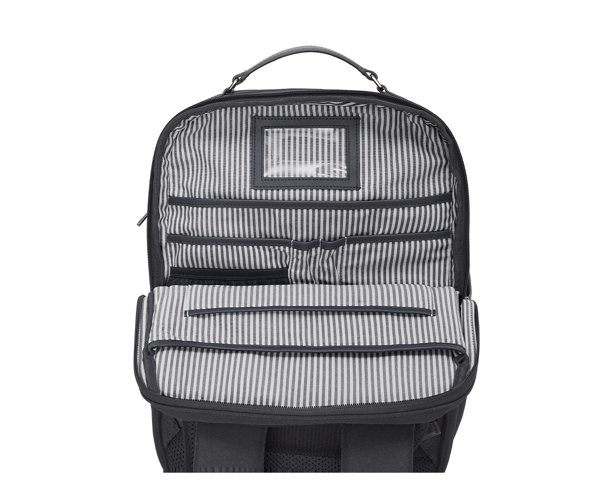 Interior of The Broughton Backpack: Dark Gray showing the striped lining, organizer pockets, clear ID window, and separate lower compartment.
