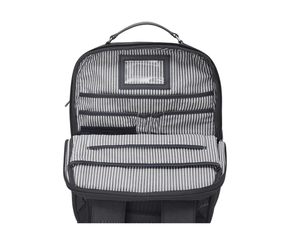 Interior of The Broughton Backpack: Dark Gray showing the striped lining, organizer pockets, clear ID window, and separate lower compartment.