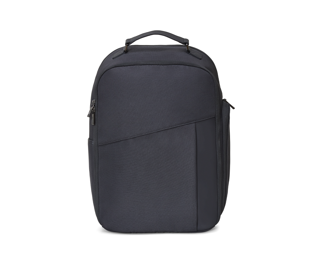 Front view of The Broughton Backpack: Dark Gray showing its top handle, diagonal seam, zippered side pocket, and clean ballistic nylon face.