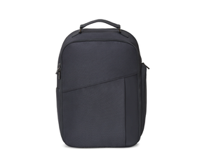 Front view of The Broughton Backpack: Dark Gray showing its top handle, diagonal seam, zippered side pocket, and clean ballistic nylon face.