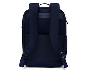 The Broughton Backpack: Navy Ballistic - White Embroidery, showing padded straps, mesh back, and side zippers, ideal for versatile use and personalization.