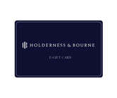 E-Gift Card in navy with the white Holderness & Bourne monogram, wordmark, and "E-GIFT CARD" text.