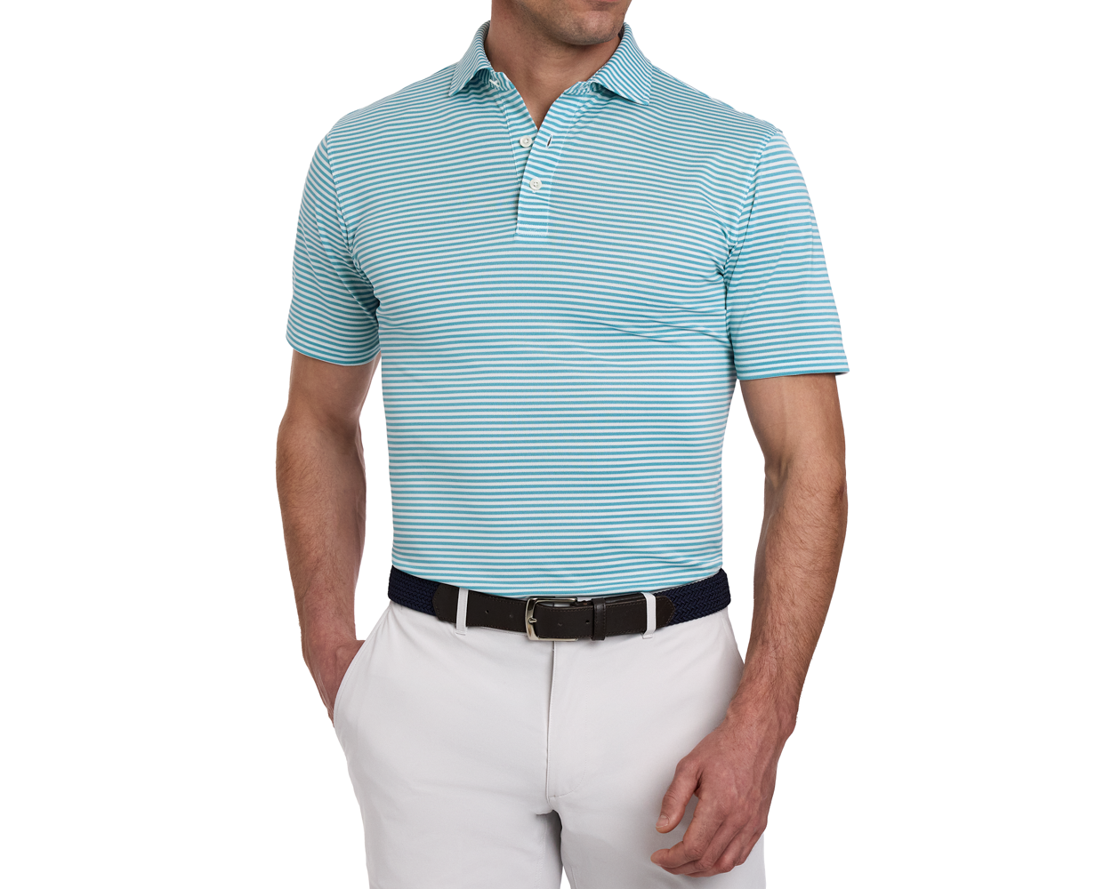 Man wearing The Maxwell Shirt: Harbor & White, a light blue-and-white striped polo, with off-white trousers and a dark woven belt, showcasing modern comfort and style.