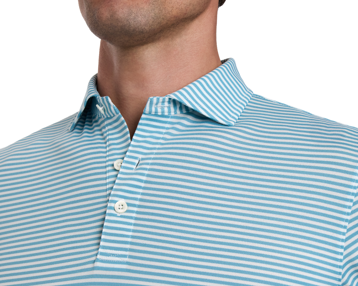 The Maxwell Shirt: Harbor & White, showcasing a striped polo with a structured collar, two buttons, and textured fabric for comfort and style.
