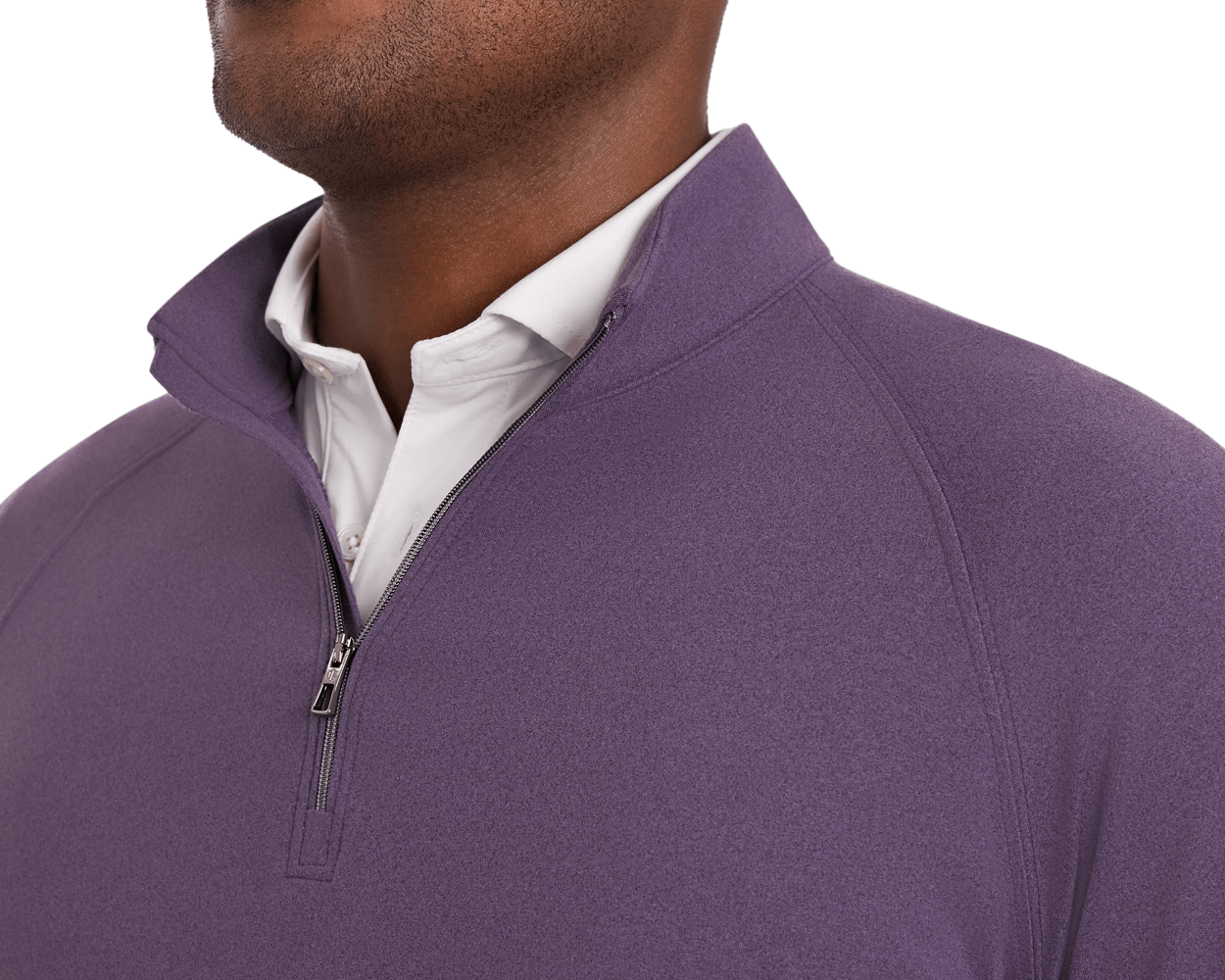 Person wearing The Westland Quarter-Zip: Heathered Amherst, showcasing its soft, lightweight fabric and partially unzipped gunmetal chrome trim over a white collared shirt.