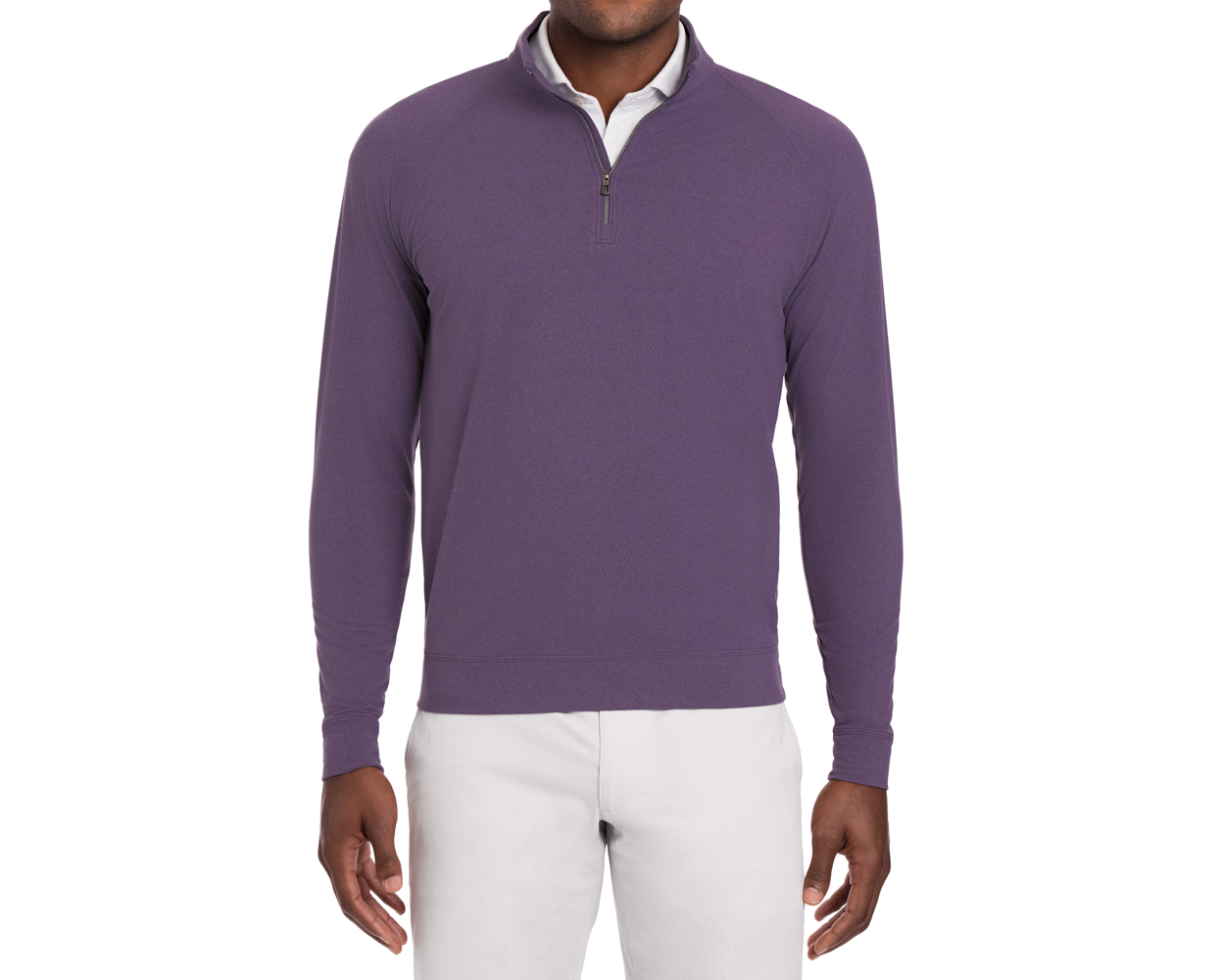 Model wearing The Westland Quarter-Zip: Heathered Amherst, a muted purple pullover with quarter-zip, over a white polo, paired with light-colored trousers.