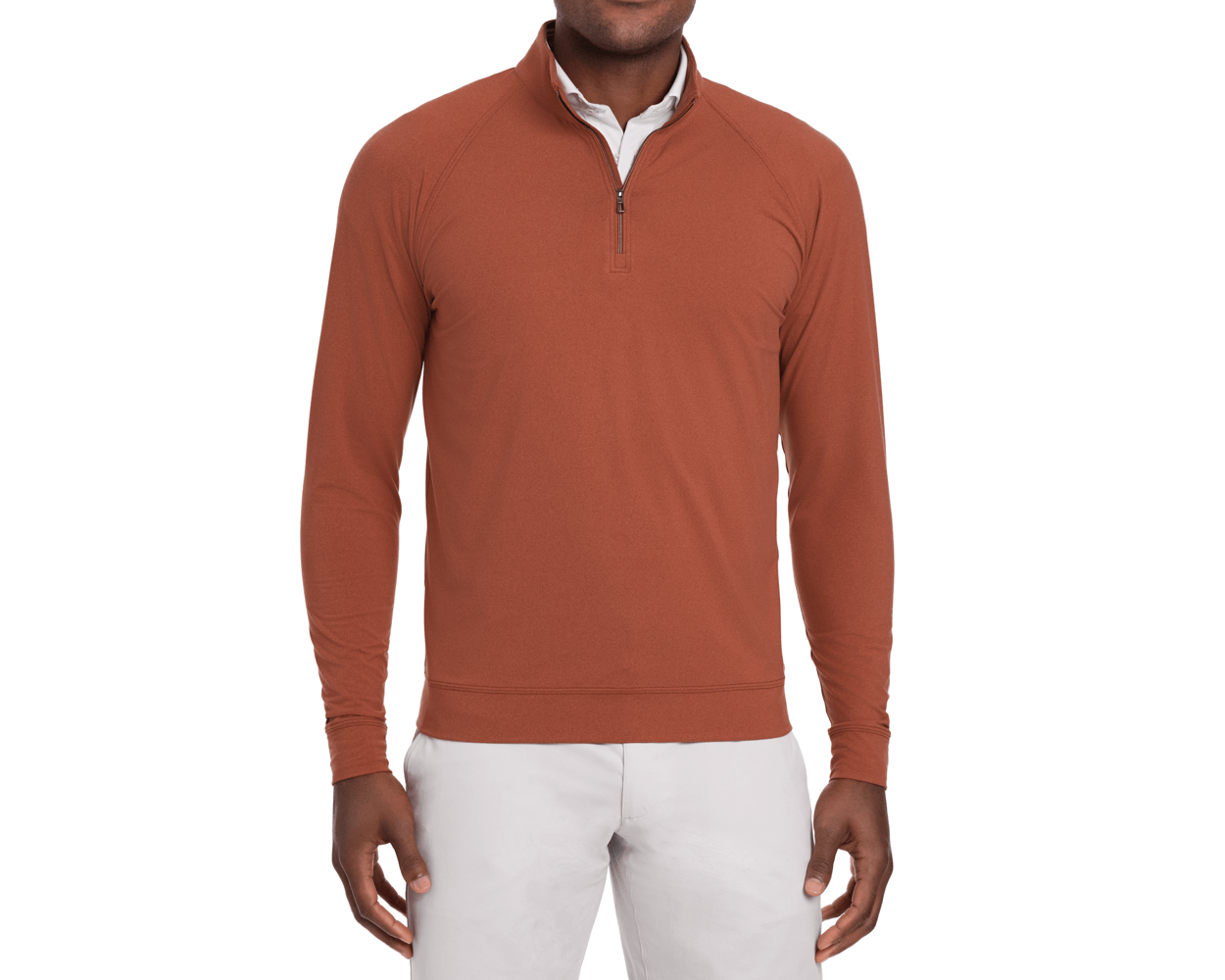 The Westland Quarter-Zip: Heathered Russet, shown over a white shirt with light trousers, showcases its soft, moisture-wicking peached fabric and gunmetal chrome trim.