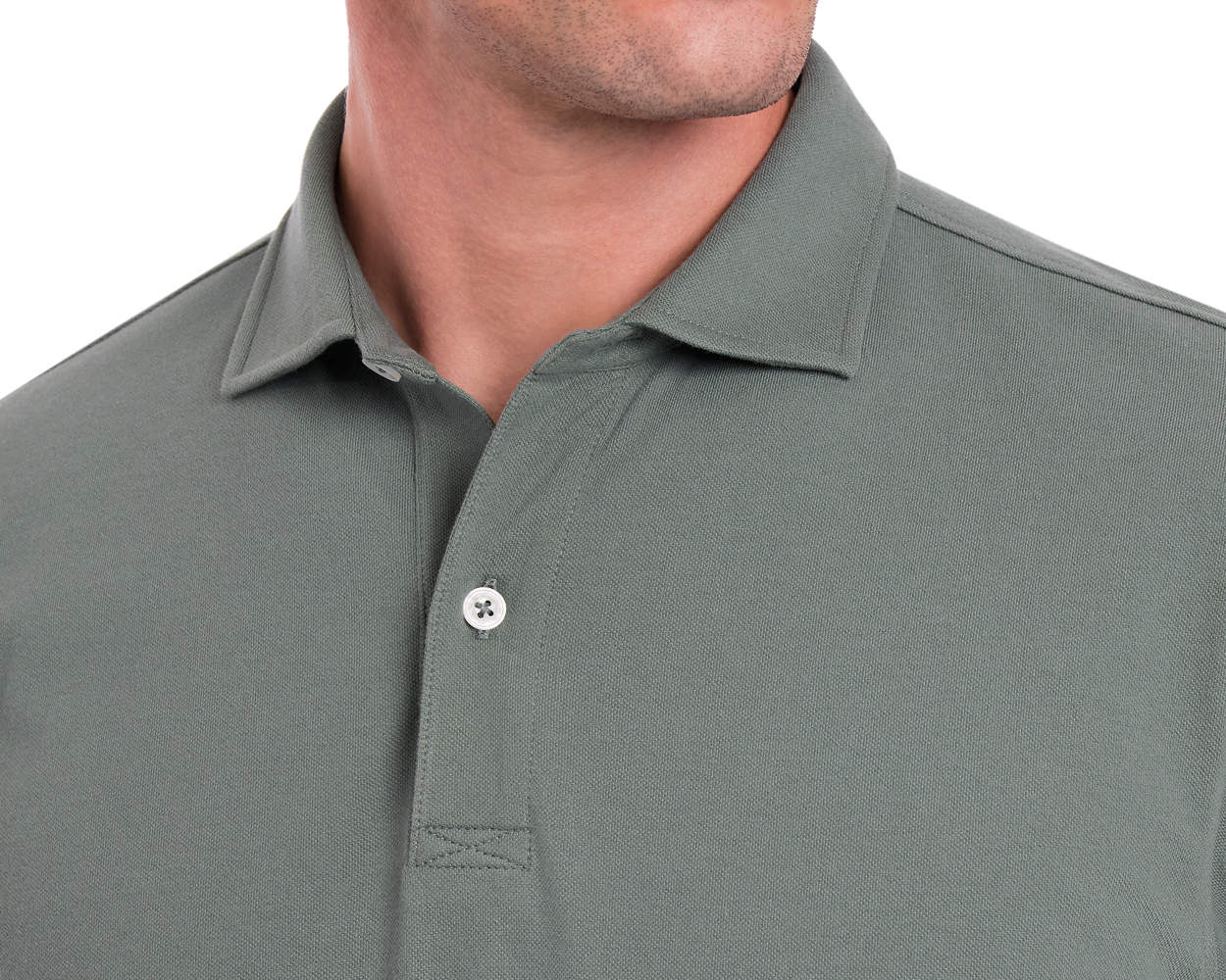 The Neville Shirt: Ivy features a soft collar, single button, and a relaxed fit, visible in the close-up of the torso and jawline.