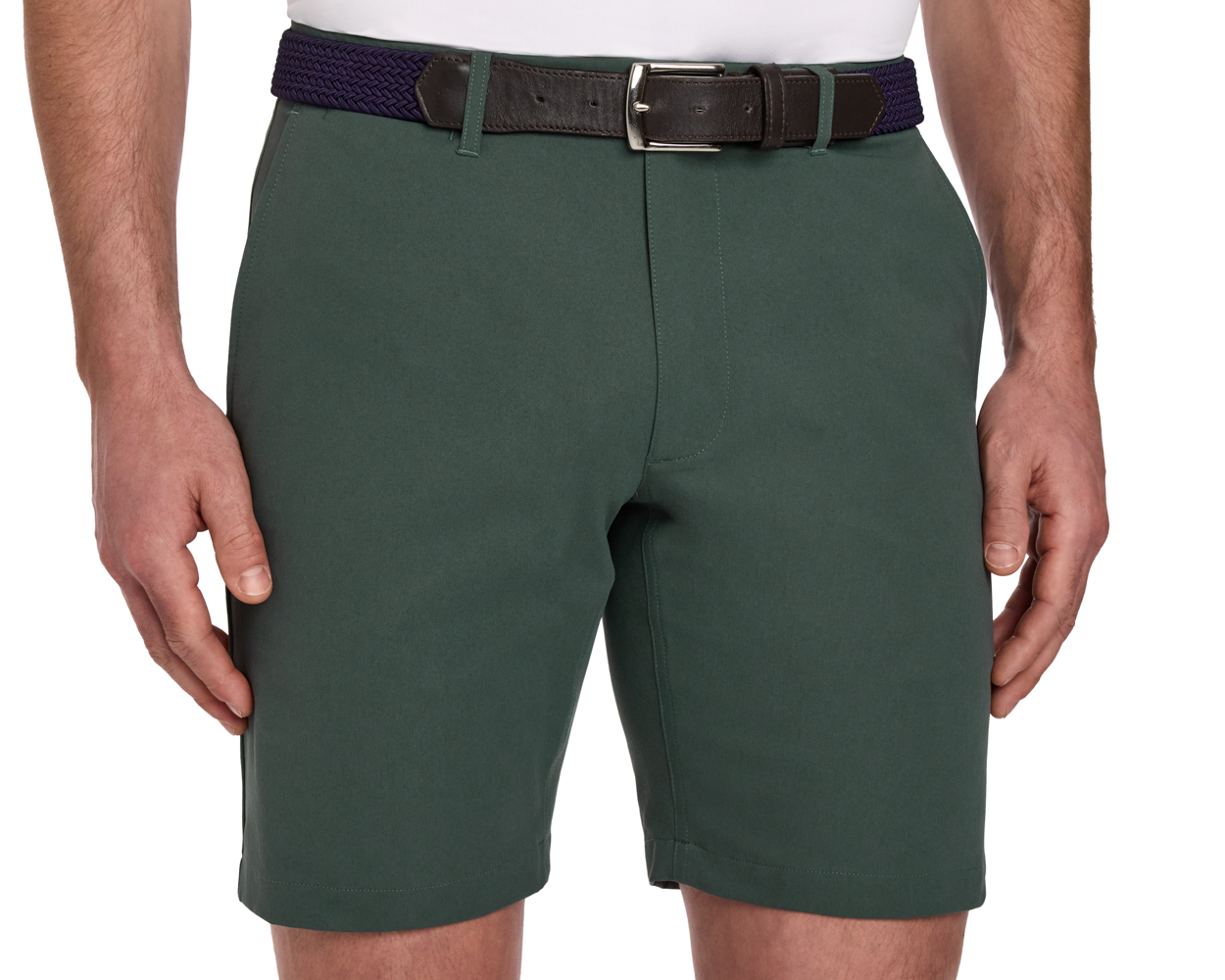 The Harwood Short: Ivy, featuring a braided navy belt, offers comfort and style with a non-slip waistband and ball-marker pocket, ideal for golfers.