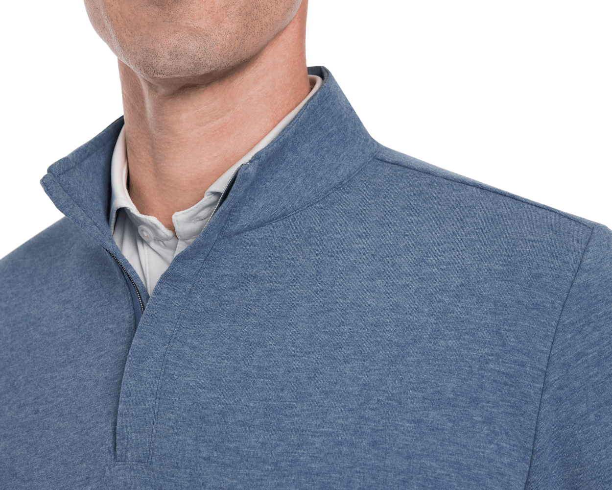 Man wearing The Harper Quarter-Zip: Heathered Bedford, showcasing a plush terry interior and ribbed cuffs for comfort and style, ideal for versatile, year-round wear.