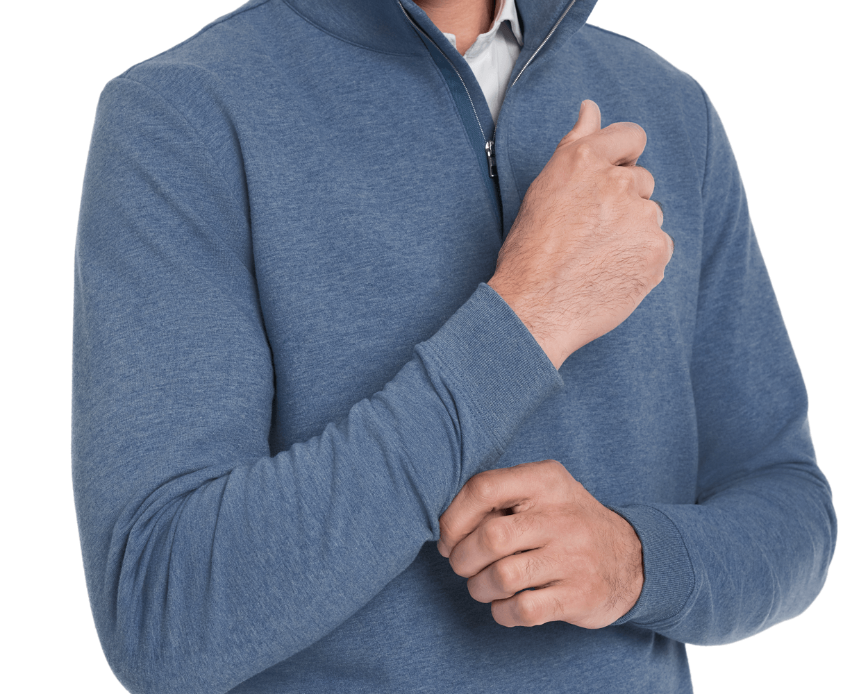 Person wearing The Harper Quarter-Zip: Heathered Bedford, showcasing its ribbed cuffs and collar zip, highlighting the sweatshirt's plush, shape-retaining design over a white shirt.