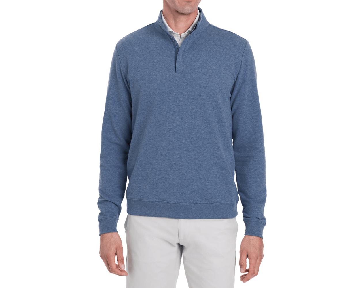 Person wearing The Harper Quarter-Zip: Heathered Bedford, a long-sleeve pullover with ribbed cuffs over a collared shirt, paired with light pants.