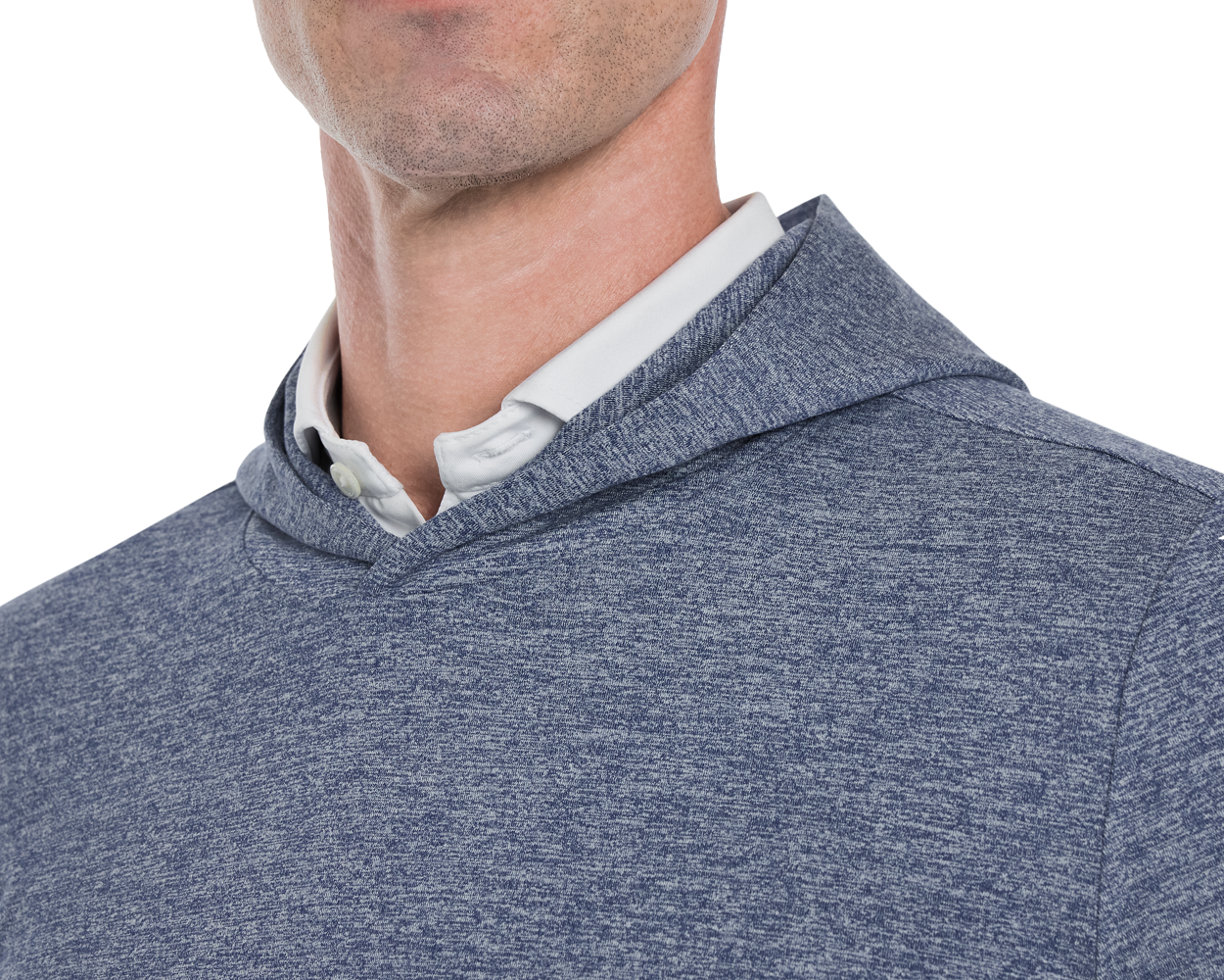 Close-up of a person wearing Holderness & Bourne Men’s Dark Blue Hoodie over a white shirt on a white background