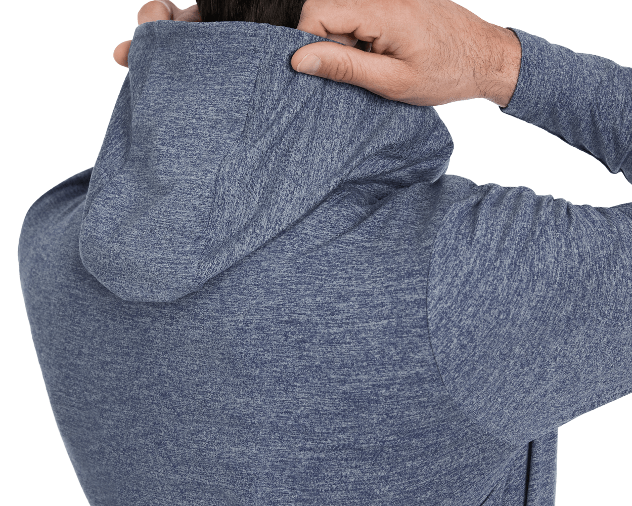 Person pulling on Holderness & Bourne Men’s Dark Blue Hoodie on a white background