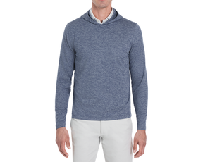 Man wearing Holderness & Bourne Men’s Dark Blue Hoodie with a white background