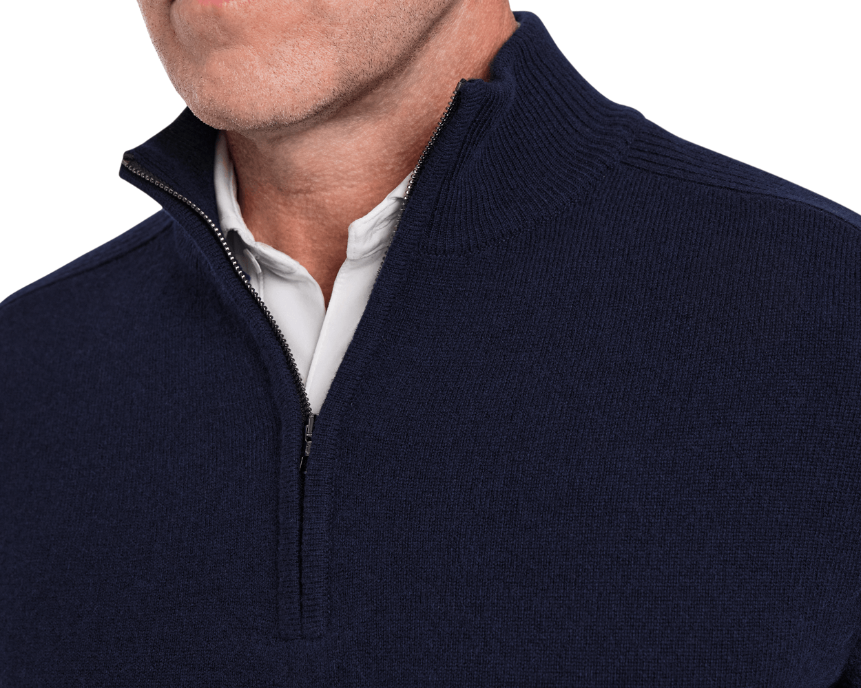 Holderness & Bourne Men’s Navy Quarter Zip Sweater worn over a white shirt on a white background