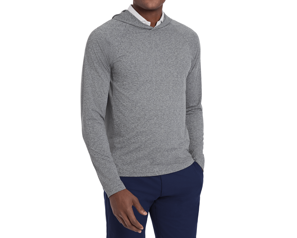 The Dunbar Hoodie: Heathered Charcoal, shown on a man, features a slim fit, raglan sleeves, lightweight knit, and advanced breathability for active wear.