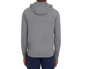 The Dunbar Hoodie: Heathered Charcoal, shown from the back, features a slim, athletic fit with a hood, ideal for active wear with its breathable and stretchable fabric.