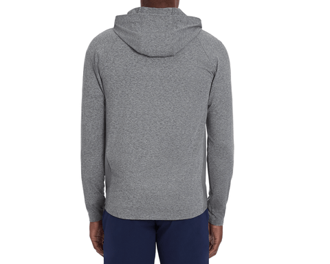 The Dunbar Hoodie: Heathered Charcoal, shown from the back, features a slim, athletic fit with a hood, ideal for active wear with its breathable and stretchable fabric.