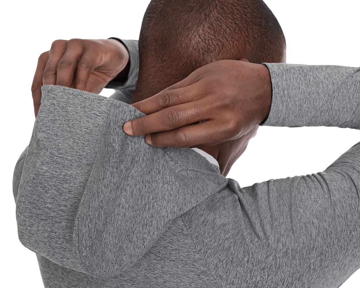 The Dunbar Hoodie: Heathered Charcoal on a male model, showcasing its hood being adjusted, emphasizing its lightweight and breathable design with a visible white T-shirt underneath.