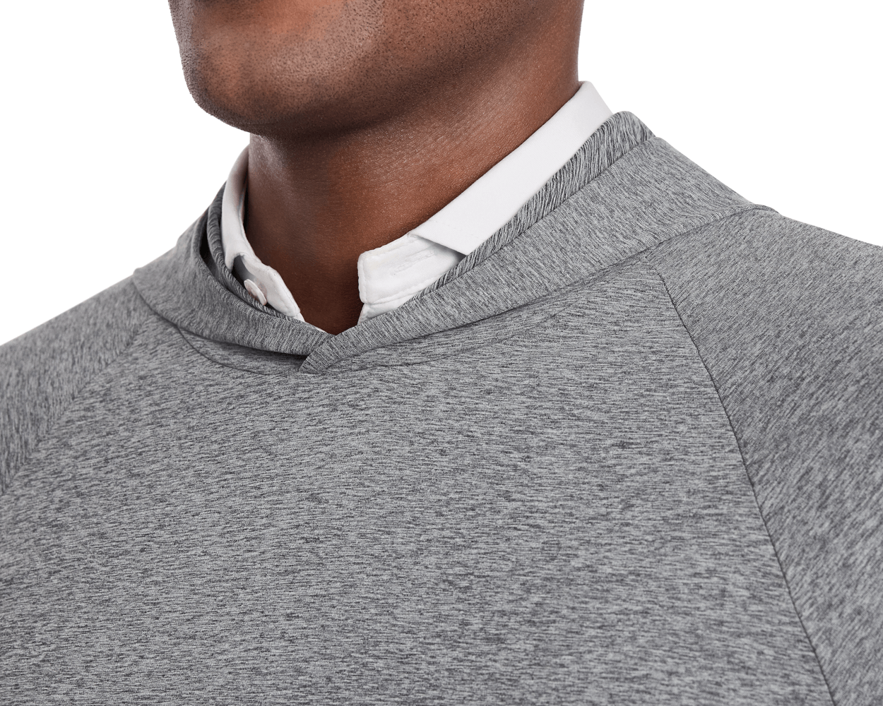 The Dunbar Hoodie: Heathered Charcoal, featuring a light gray heathered pullover with visible white collared shirt underneath, known for advanced breathability and UPF 50+ protection.