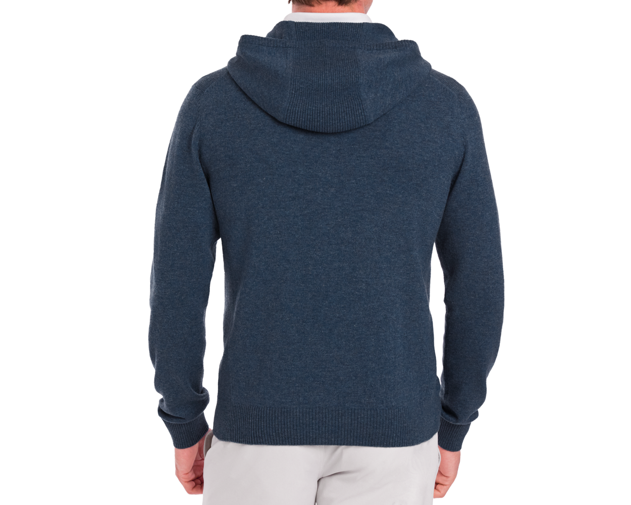 The Logan Hoodie Sweater: Heathered Andover shown from the back, featuring ribbed hem and cuffs, made of Merino wool and cashmere, hood down.